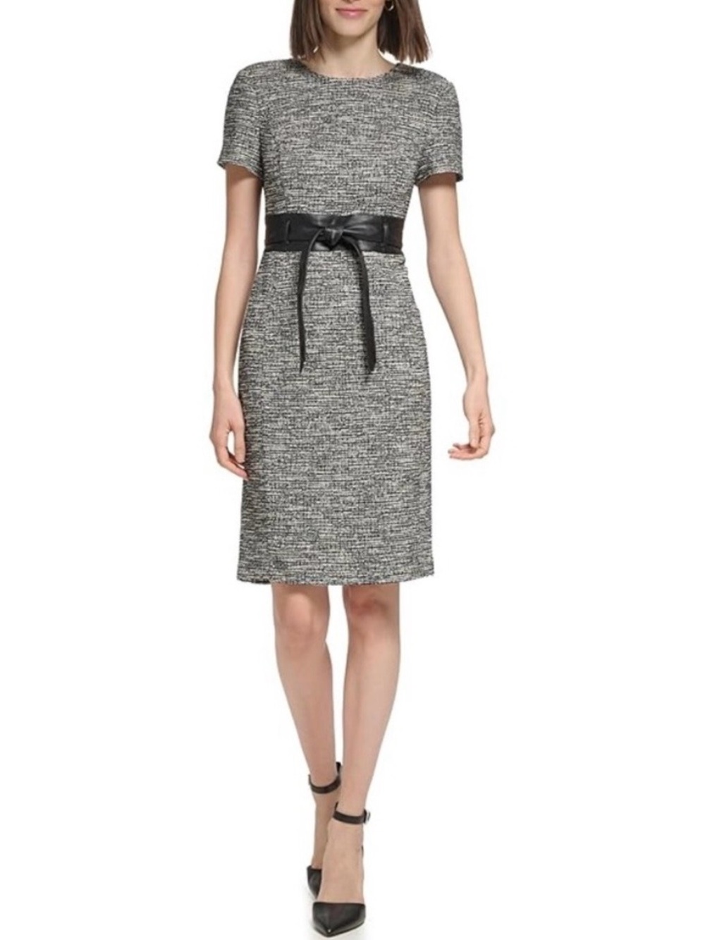 Calvin Klein Black and White Tweed Sheath Dress with Wrap Belt